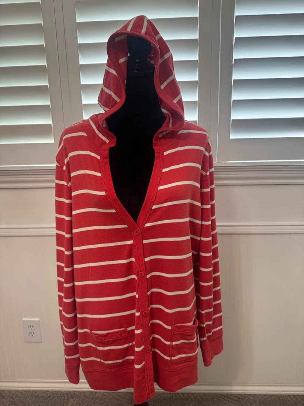 Lauren Ralph Lauren Red and White Striped Hooded Cardigan